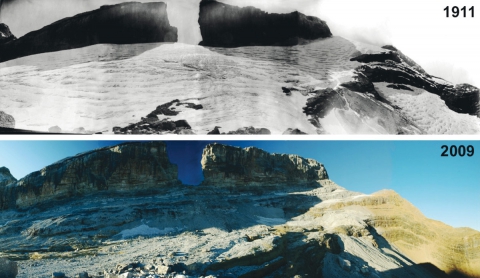 Fig. 11 a et b – Glacier de la Brèche de Roland (Gavarnie, Hautes-Pyrénées) (1911 : cliché de L. Gaurier et 2009 : cliché de G. Nogué)